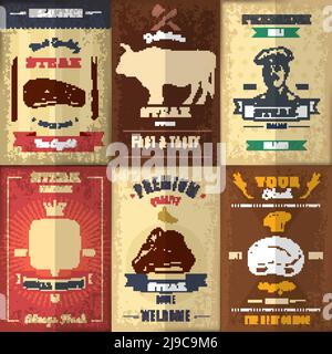 Vintage Steak House Poster Set mit Fleisch-Menü gegrillte Gerichte Stier und Koch Vektorgrafik Stock Vektor