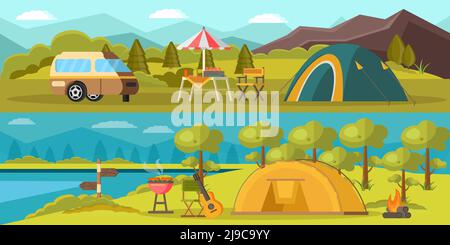 Bunte Camping horizontale Banner mit Zelten Anhänger Grill Gitarre Möbel Lagerfeuer auf Sommer Natur Landschaft Vektor Illustration Stock Vektor