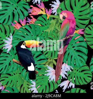 Exotische Vögel nahtloses Muster mit Tukan Ara grünen Palmen Zweige Und tropische Blumen Vektor-Illustration Stock Vektor