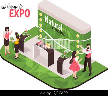 Isometric expo Standaufbau mit Menschen Figuren auf dem Messestand Und Tabellen mit Naturkosmetikprodukten Vektordarstellung Stock Vektor