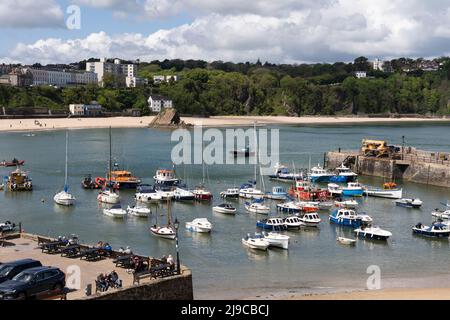 Menschen, die kleine Sportboote und Fischerboote im Hafen von Tenby mit dem Nordstrand im Hintergrund im Mai betrachten. Tenby, Pembrokeshire, Wales Stockfoto