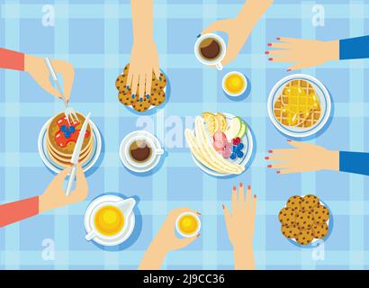 Leichte Frauen Meeting-Konzept mit verschiedenen süßen Produkten Pfannkuchen Früchte Beeren Kaffee Honig auf blaue Tischdecke Vektor-Illustration Stock Vektor