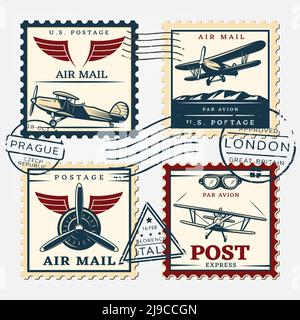 Bunte Flugzeuge Porto Quadrat Briefmarken Set mit Flugzeugen und rund Postmarken im Retro-Stil isolierte Vektorgrafik Stock Vektor