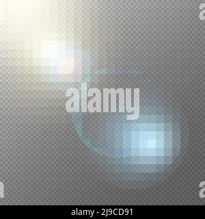 Realistisches Licht Elemente Konzept mit leuchtend glänzenden funkelnden Effekten Flare Flecken blinken auf transparenter Vektorgrafik im Hintergrund Stock Vektor