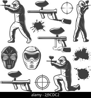Vintage monochrome Paintball Club Elemente Kollektion mit Shooting Spieler in Munition Masken Flecken Gewehre Ziele isoliert Vektor Illustration Stock Vektor