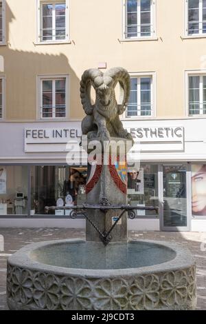 Chur, Schweiz, 11. April 2022 Steinbock-Figur auf einem Wasserbrunnen in der Altstadt Stockfoto