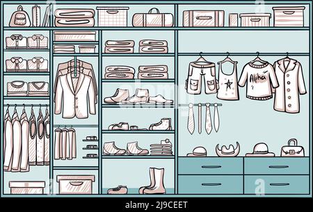 Handgezeichnete männliche Garderobe Konzept mit Hosen Jacken Hemden Taschen Stiefel Schuhe Gürtel Krawatten Accessoires Vektor Illustration Stock Vektor