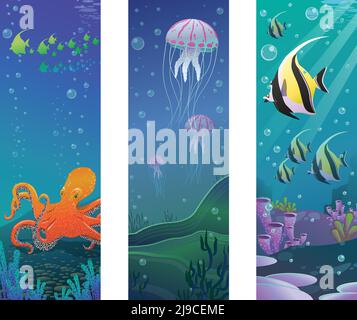 Cartoon Unterwasser Meer Tiere vertikale Banner mit Diskusfischen Oktopus Quallen Korallen Algen Vektor-Illustration Stock Vektor