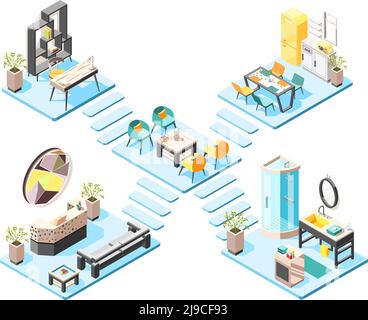 Hostel isometrisches Design-Konzept mit Elementen und Möbeln von gesetzt Flur Rezeption Badezimmer isometrische Innenräume Vektor-Illustration Stock Vektor