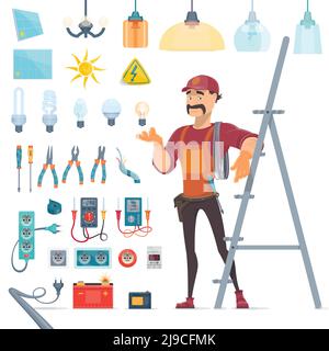Strom Icons Set mit Whiskered Elektriker und professionelle Werkzeuge und Vektordarstellung für isolierte Geräte Stock Vektor