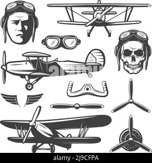 Vintage Flugzeug Elemente Set mit Gesicht Pilot Brille Flugzeuge Flügel Radpropeller Schädel isoliert Vektor-Illustration Stock Vektor