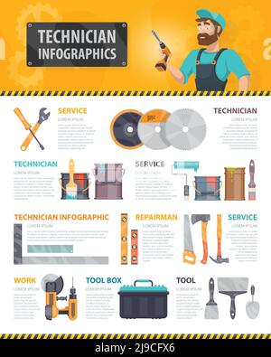 Bunte Reparatur-Service Infografiken mit Reparaturmann Bauinstrumente und Bau Werkzeuge Vektordarstellung Stock Vektor