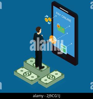 Internet-Banking isometrische Konzept mit Mann auf Stapel stehen Dollar und macht Online-Zahlung auf Smartphone Vektor Illustration Stock Vektor