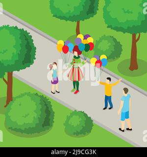 Urlaub im Park isometrisches Design mit Frau im Karnevalskostüm Geben von Ballons zu Kindern Vektor-Illustration Stock Vektor