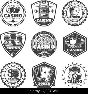 Vintage monochrome Casino-Labels mit Inschriften Glücksspiel und Poker gesetzt isolierte Vektorgrafik für club-Elemente Stock Vektor