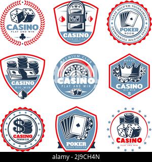Vintage farbige Casino-Etiketten mit Spielautomaten Spielkarten gesetzt Würfel Krone Roulette Münzen Geld Chips isoliert Vektor Illustration Stock Vektor