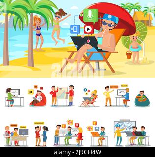 Freiberufler in warmen Ländern Konzept mit Freiberufler arbeiten auf tropischen Strand-und Internet-Marketing Büroarbeiter Vektor-Illustration Stock Vektor