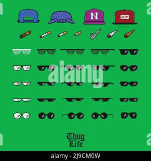 Pixelkunst wie Ein Vektor-Icon-Set von Boss Thug Life. Gläser, Zigaretten, Kappen auf grünem Bildschirm Chroma-Taste Hintergrund 8 Bit Stock Vektor