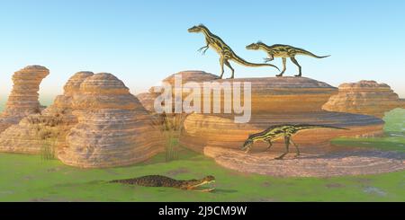 Ein Sarcosuchus-Reptil wartet auf einen Deltadromeus-Dinosaurier, der während der Kreidezeit Afrikas ein Getränk mit Wasser möchte. Stockfoto