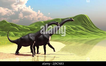 Sanfte grüne Hügel enden an einem Seeufer, während pflanzenfressende Sauropoden-Brachiosaurus-Dinosaurier während der Jurazeit an den Strand kommen. Stockfoto