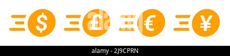 Geldmünze Web-Icons, mit schnellen windigen Linien. Gelbes Logo-Vektorset mit Geldüberweisung, mit Dollar-, Pfund Sterling-, Euro- und Yuan-Währungssymbolen, isoliert auf weißem Hintergrund. Stock Vektor