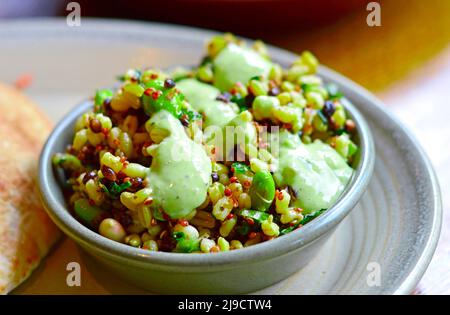 Nahaufnahme eines gesunden Superfood-Salats mit reichem Protein, einschließlich Quinoa, Avocado, Bohnen und Getreide. Stockfoto
