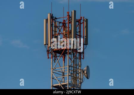 Großer Sender mit blauem Himmel im Frühling frischer Abend Stockfoto