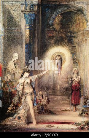 Salome und die Erscheinung des Hauptes des Täufers von Gustave Moreau. Die Szene zeigt Salome, die verführerisch für Herodes tanzt, während die Erscheinung des kürzlich hingerichteten Johannes des Täufers in der Luft erscheint. Stockfoto