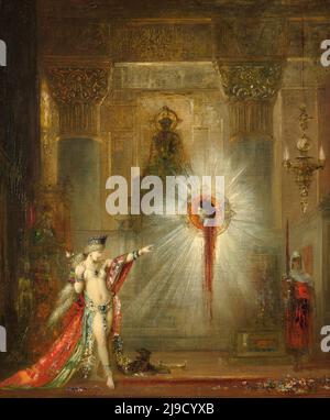 Salome und die Erscheinung des Hauptes des Täufers von Gustave Moreau. Die Szene zeigt Salome, die verführerisch für Herodes tanzt, während die Erscheinung des kürzlich hingerichteten Johannes des Täufers in der Luft erscheint. Stockfoto