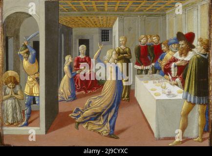 Das Fest des Herodes und die Enthauptung des heiligen Johannes des Täufers von Benozzo Gozzoli. Die Szene zeigt Salome, die verführerisch vor Herodes tanzen, während das abgetrennte Haupt Johannes des Täufers auf einer Platte zu ihm gebracht wird. Der Tod von John war Salome's Bitte als Gegenleistung für ihre Zustimmung zu einer Beziehung mit Herodes. Stockfoto