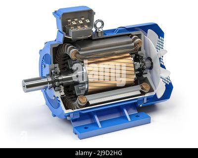 Querschnitt des industriellen Elektromotors. Teile und Struktur des Elektromotors isoliert auf weißem Hintergrund. 3D Abbildung Stockfoto