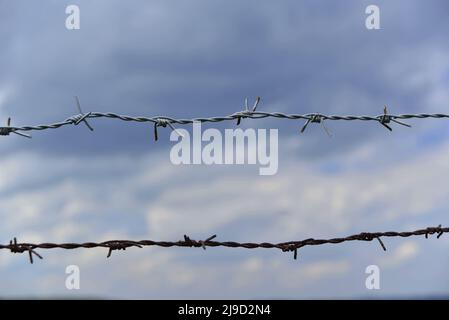 Zwei Linien Draht mit Weißdornen im Vordergrund vor einem bewölkten Himmel Stockfoto