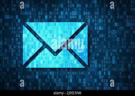 E-Mail- und Cyber-Sicherheitskonzept. Gefahren für Phishing, Hacking, Viren und Kontodiebstahl. Abbildung mit blauem E-Mail-Symbol und Binärcode-Hintergrund. Stockfoto