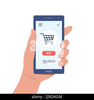 Online-Shopping-Konzept. Smartphone in der Hand mit Korb auf dem Bildschirm. Jetzt online kaufen. Vektorgrafik Stock Vektor