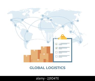 Transportkonzept Frachtlogistik. Globales Logistiknetzwerk. Zwischenablage mit Checkliste und Stapel von Schachteln, Weltkarte im Hintergrund. Importieren, Exportieren. Stock Vektor