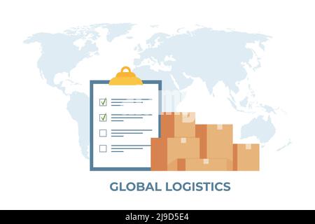 Transportkonzept Frachtlogistik. Globales Logistiknetzwerk. Zwischenablage mit Checkliste und Stapel von Schachteln, Weltkarte im Hintergrund. Importieren, Exportieren. Stock Vektor