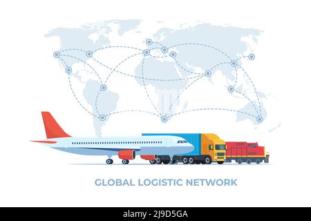 Transportkonzept Frachtlogistik. Globales Logistiknetzwerk. Frachtflugzeug, Zug, LKW-Transport auf einem Hintergrund der Weltkarte. Importieren, Exportieren. Stock Vektor