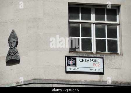 St. Thomas Becket Wandtafel zur Kennzeichnung seines Geburtshauses in Cheapside in der City of London Stockfoto