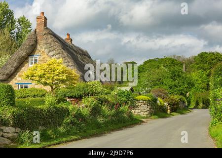 Rievaulx, North Yorkshire, Großbritannien. Mai 21 2022. Reetgedeckte Hütte im ruhigen und malerischen Dorf Rievaulx in North Yorkshire, umgeben von CO Stockfoto