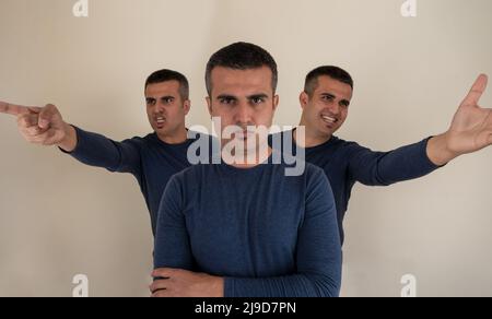 Porträt eines Mannes mit Baum verschiedene emotionale Gesichtsausdrücke als Symbol für sofortige Persönlichkeitsverschiebungen. Konzept von bipolar und borderline. Stockfoto