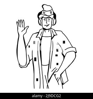 Junger glücklicher Mann, der lächelnd Hand in Grußgeste winkt und Hallo sagt, Strichkunst oder Skizzenvektor-Illustration isoliert auf weißem Hintergrund. Fröhlich Stock Vektor