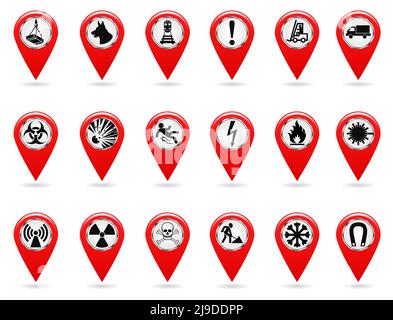 Kartenzeiger. Satz von Sicherheitssymbolen. Position und geben Sie die Koordinaten auf der Karte Gelände. Industriedesign. Rotes Objekt auf weißem Hintergrund. Vec Stock Vektor