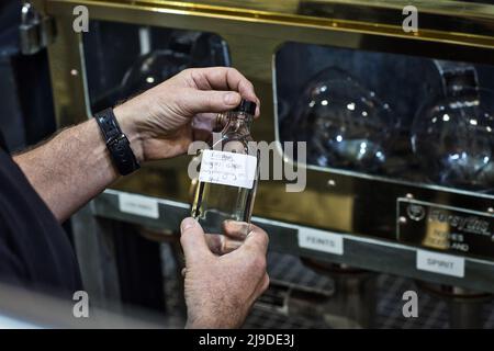 Die Torabhaig Distillery auf der Isle of Skye, Schottland. Still man überprüft die Probenflasche vor Spirit Safe. Stockfoto