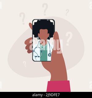 Halten des Smartphones mit Videoanruf auf dem Bildschirm des Patienten mit Online-Gespräch mit schwarzer Frau Arzt und Fragezeichen. Vektorgrafik. Stock Vektor