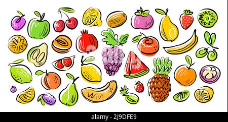Früchte und Beeren im Doodle-Stil. Vektor-Illustration für Bio-Lebensmittel Stock Vektor