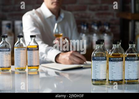 Single Malt Whisky Blending . Whisky Mixer zur Kenntnis nehmen Stockfoto