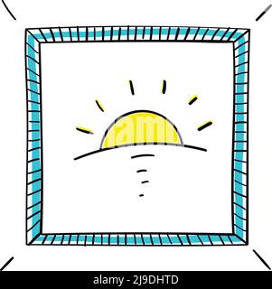 Bild mit Rahmen, Sonnenuntergang oder Sonnenaufgang. Skizzenvektor zeichnen Stock Vektor
