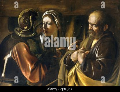 Der Denial of Saint Peter gemalt von Caravaggio. Dieses Bild zeigt die Szene, in der der hl. Petrus nach der Verhaftung Jesu leugnet, ihn zu kennen, wenn er von den Behörden verwechselt wird. Stockfoto