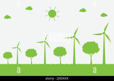 Windkraftanlagen mit Bäumen und Sonne saubere Energie mit umweltfreundlichen Konzept Ideen, Vektor-Illustration Stock Vektor