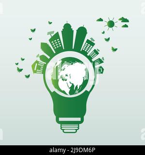 Ökologie energiesparende Glühbirne, Green Cities helfen der Welt mit umweltfreundlichen Konzept Ideen, Vektor-Illustration Stock Vektor